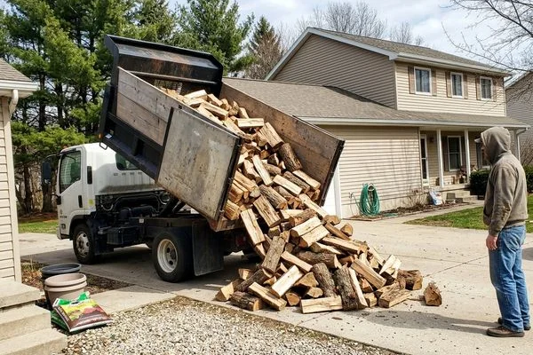 Delivery truck dumping a two-cord load at a family home