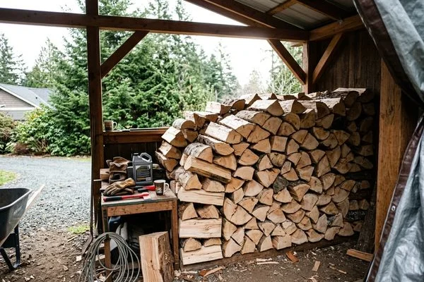 Stacked cord of seasoned firewood in a covered woodshed