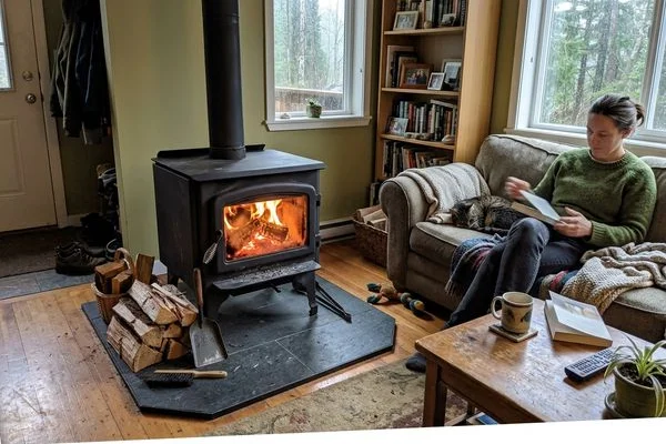 A wood stove burning clean with seasoned Vancouver Island firewood