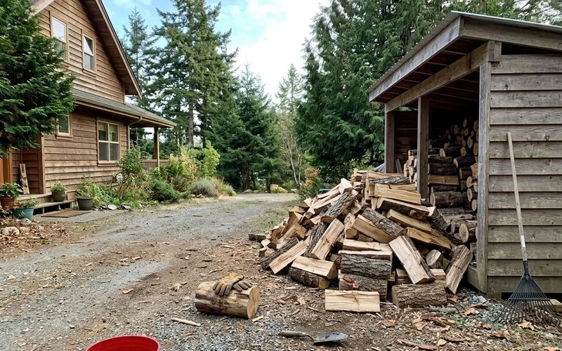 A single cord of seasoned firewood dumped beside a home woodshed