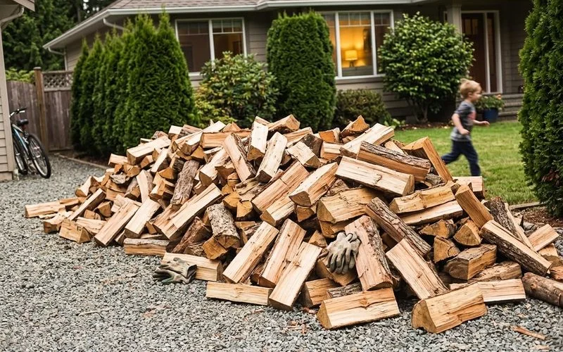 A two-cord dumped delivery of seasoned split firewood at a family home