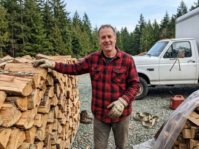 Employee of Saanich Firewood beside a delivery truck and a stack of seasoned firewood