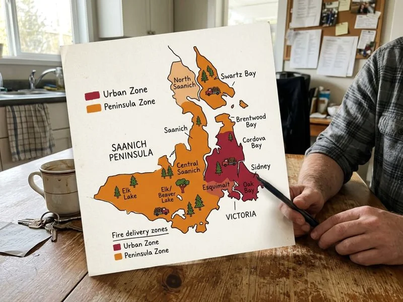 Illustrated map of Saanich Firewood delivery zones across the Peninsula and Greater Victoria